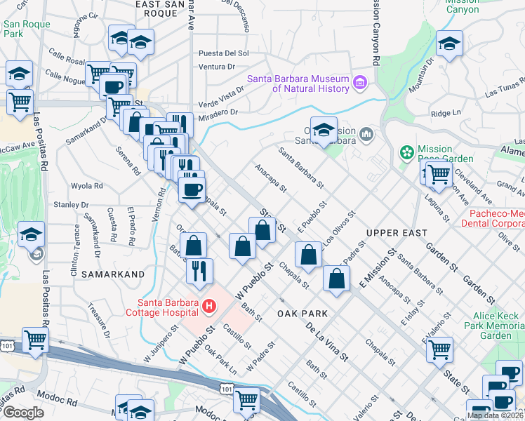 map of restaurants, bars, coffee shops, grocery stores, and more near State Street in Santa Barbara County