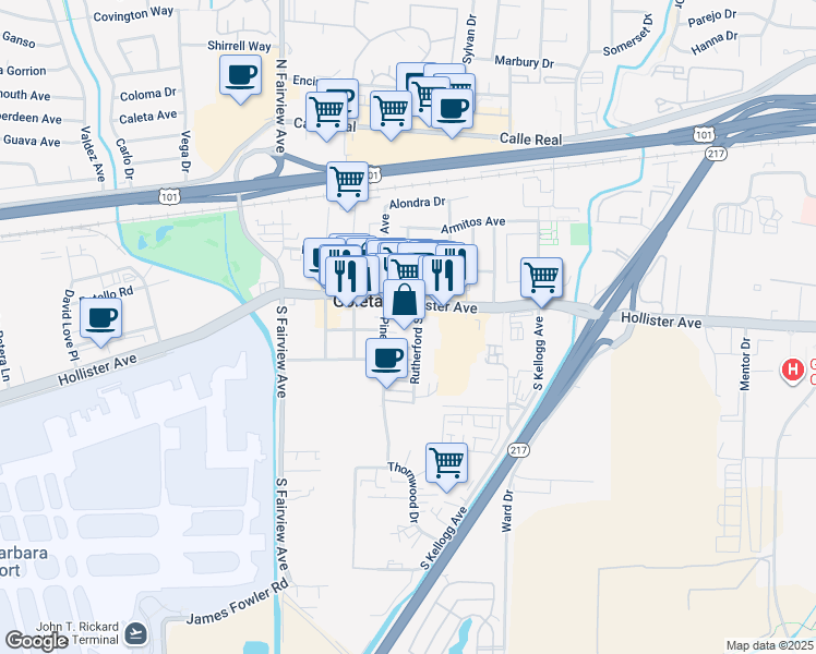 map of restaurants, bars, coffee shops, grocery stores, and more near 285 Rutherford Street in Goleta