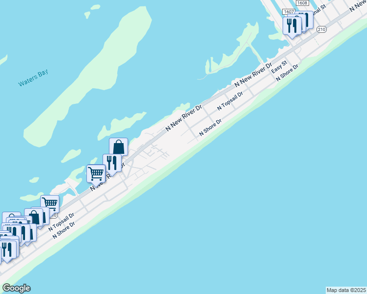 map of restaurants, bars, coffee shops, grocery stores, and more near 1005 North Shore Drive in Surf City