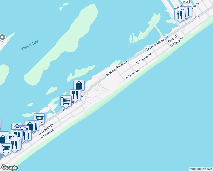 map of restaurants, bars, coffee shops, grocery stores, and more near 918-531 North New River Drive in Holly Ridge