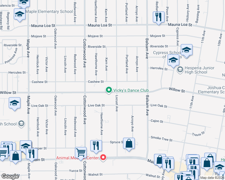 map of restaurants, bars, coffee shops, grocery stores, and more near 15074 Willow Street in Hesperia