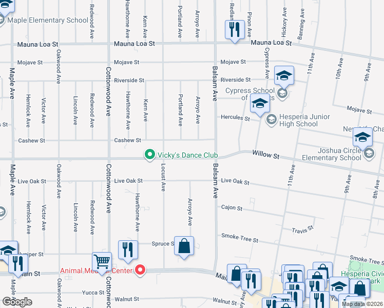 map of restaurants, bars, coffee shops, grocery stores, and more near 15204 Willow Street in Hesperia