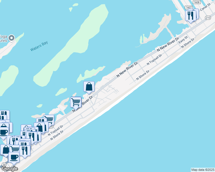 map of restaurants, bars, coffee shops, grocery stores, and more near 828 North New River Drive in Holly Ridge