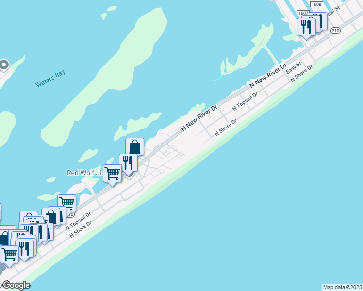 map of restaurants, bars, coffee shops, grocery stores, and more near 918 North New River Drive in Surf City