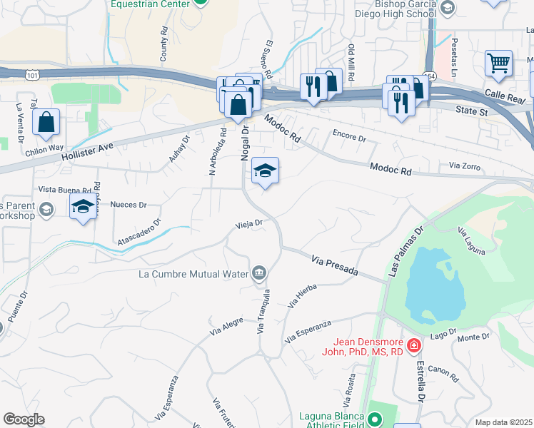 map of restaurants, bars, coffee shops, grocery stores, and more near 434 Nogal Drive in Santa Barbara