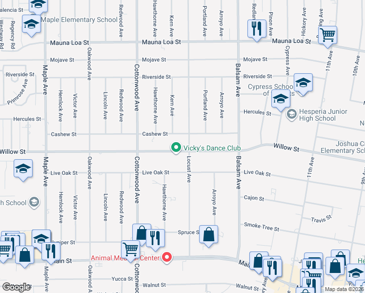 map of restaurants, bars, coffee shops, grocery stores, and more near 15074 Willow Street in Hesperia