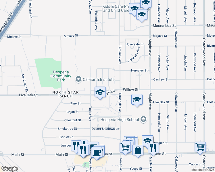 map of restaurants, bars, coffee shops, grocery stores, and more near 10166 Jennifer Street in Hesperia
