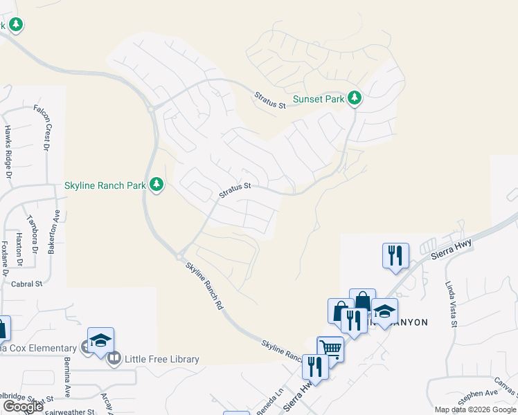 map of restaurants, bars, coffee shops, grocery stores, and more near 18130 Radiance Lane in Santa Clarita