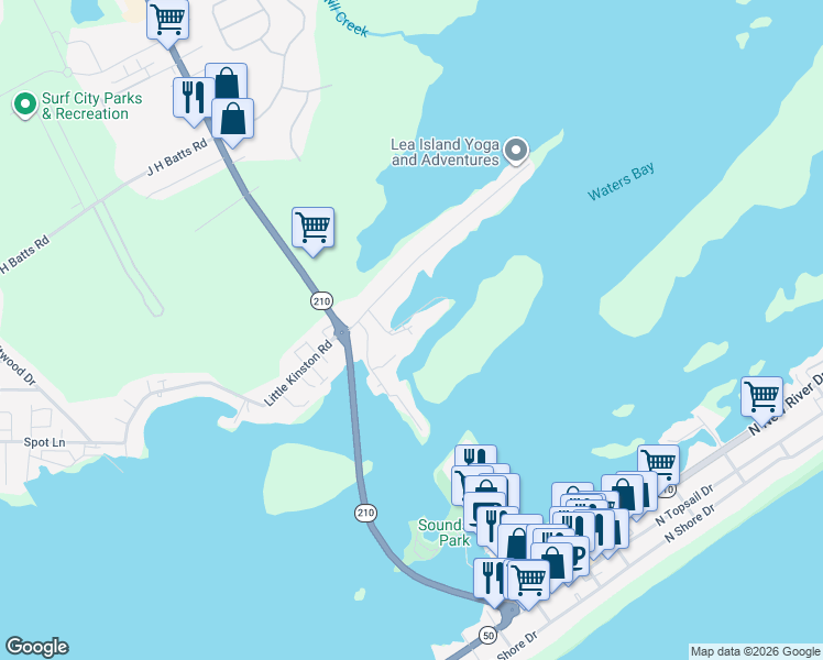 map of restaurants, bars, coffee shops, grocery stores, and more near 212 Sea Manor Drive in Surf City