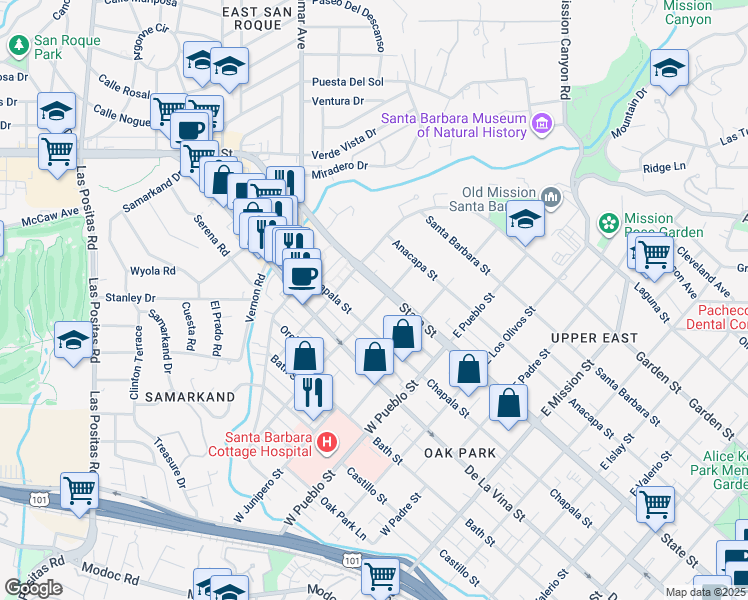 map of restaurants, bars, coffee shops, grocery stores, and more near 14 West Quinto Street in Santa Barbara