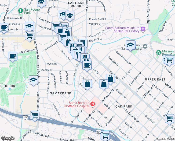 map of restaurants, bars, coffee shops, grocery stores, and more near 2618 De La Vina St in Santa Barbara