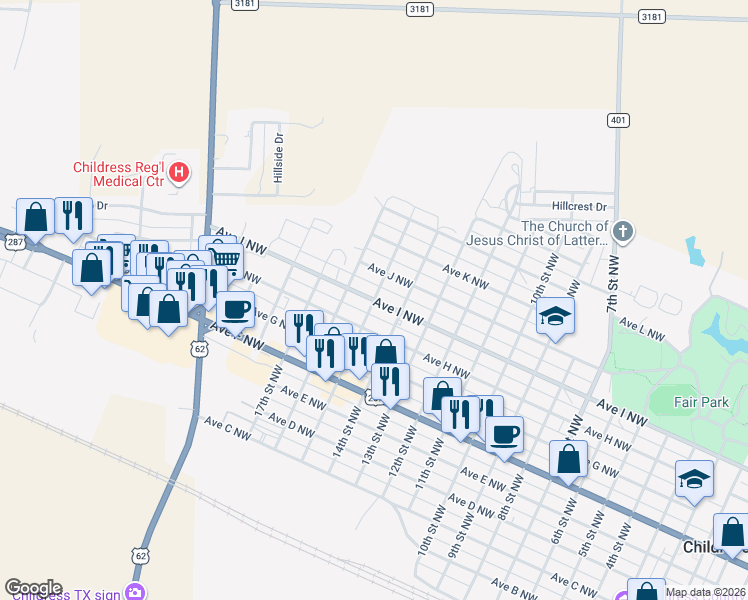 map of restaurants, bars, coffee shops, grocery stores, and more near 1500 Avenue I Northwest in Childress
