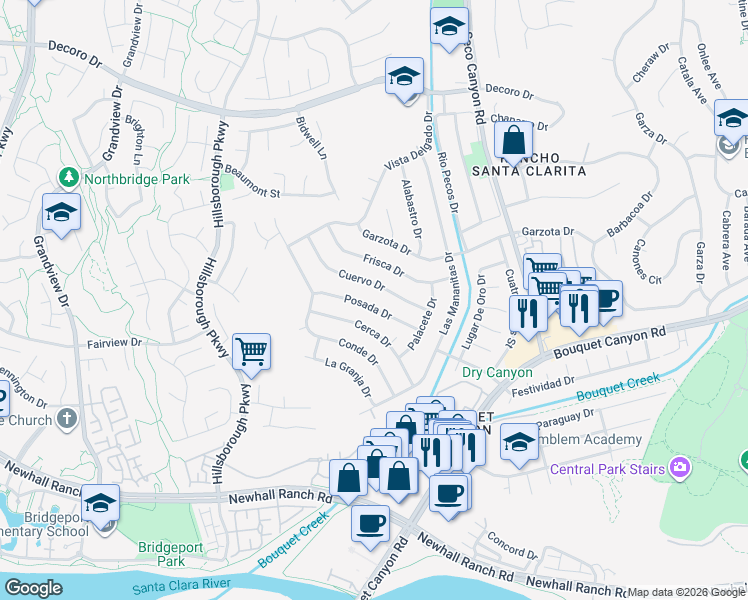 map of restaurants, bars, coffee shops, grocery stores, and more near 23021 Posada Drive in Santa Clarita