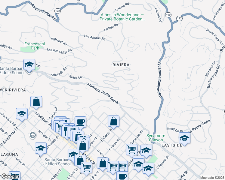map of restaurants, bars, coffee shops, grocery stores, and more near 54 Loma Media Road in Santa Barbara