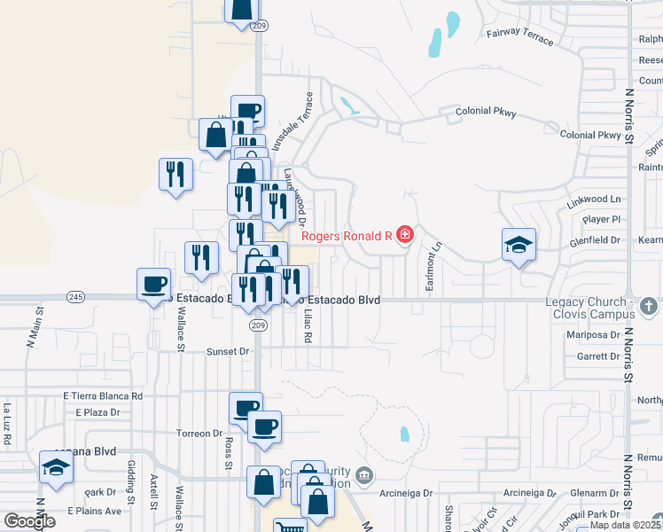 map of restaurants, bars, coffee shops, grocery stores, and more near 3533 Adenmor Court in Clovis