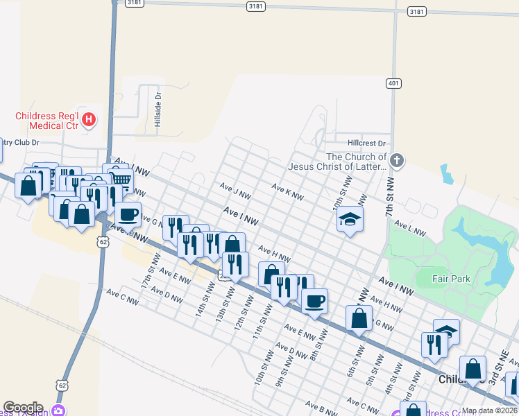 map of restaurants, bars, coffee shops, grocery stores, and more near 1301 Avenue J Northwest in Childress