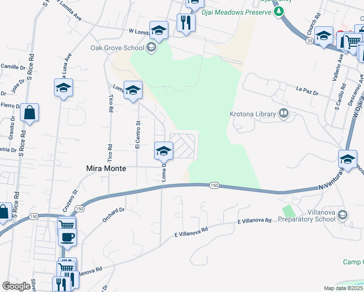 map of restaurants, bars, coffee shops, grocery stores, and more near 1202 Loma Drive in Ojai