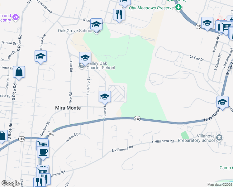 map of restaurants, bars, coffee shops, grocery stores, and more near 1202 Loma Drive in Ojai