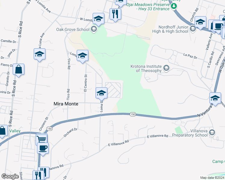 map of restaurants, bars, coffee shops, grocery stores, and more near 1202 Loma Drive in Ojai