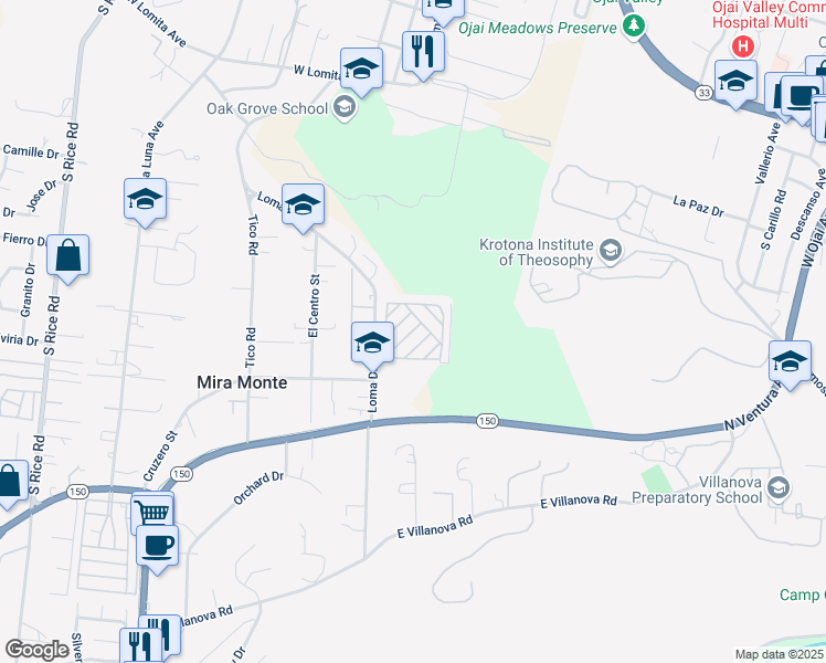 map of restaurants, bars, coffee shops, grocery stores, and more near 1202 Loma Drive in Ojai
