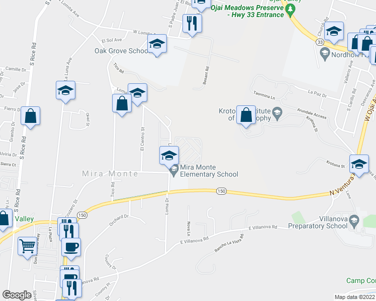 map of restaurants, bars, coffee shops, grocery stores, and more near 1202 Loma Drive in Ojai