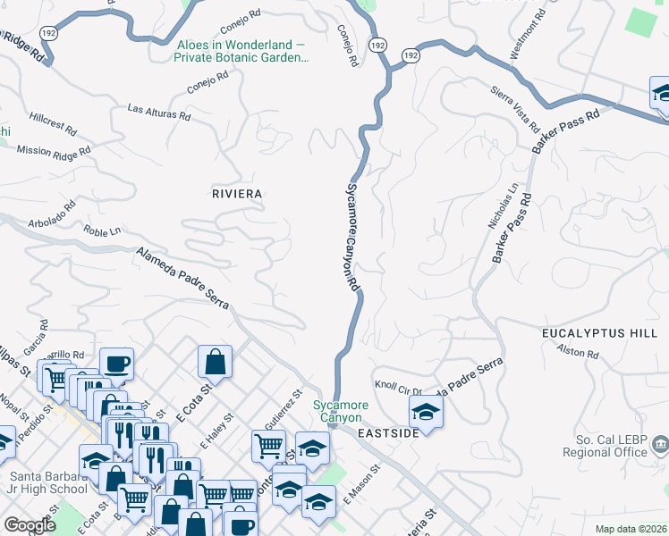 map of restaurants, bars, coffee shops, grocery stores, and more near 1499 Sycamore Canyon Road in Santa Barbara