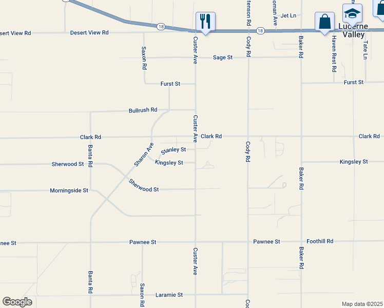 map of restaurants, bars, coffee shops, grocery stores, and more near Stanley Street in Lucerne Valley
