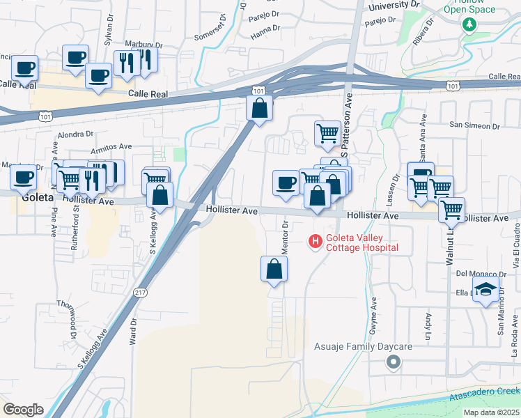 map of restaurants, bars, coffee shops, grocery stores, and more near Hollister Avenue & Sumida Gardens Lane in Santa Barbara