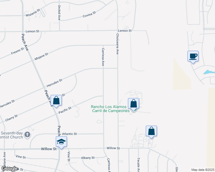 map of restaurants, bars, coffee shops, grocery stores, and more near 10117 Carrissa Avenue in Hesperia