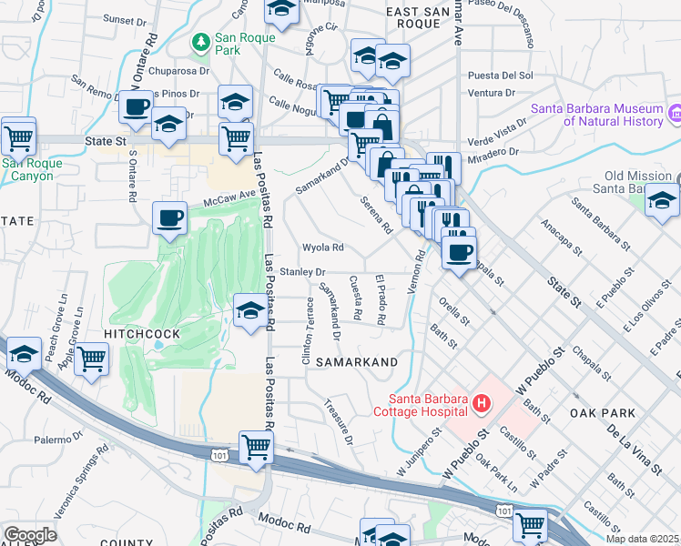 map of restaurants, bars, coffee shops, grocery stores, and more near Stanley Drive in Santa Barbara