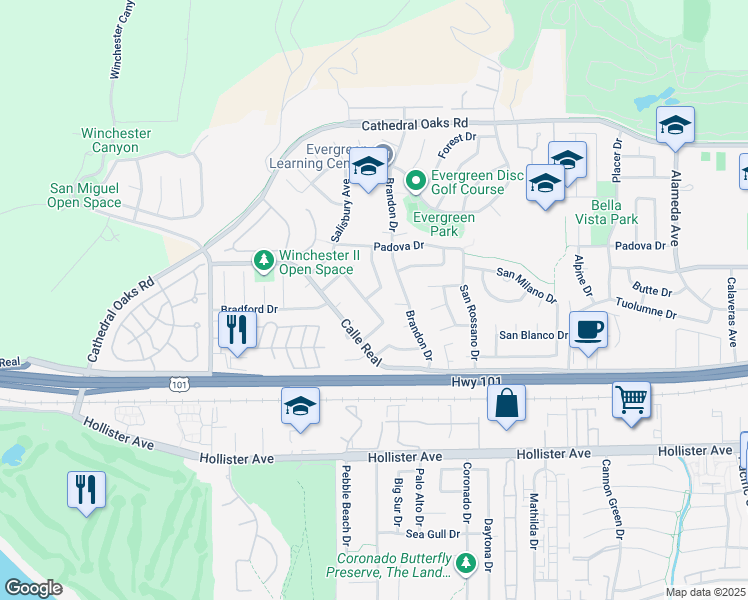 map of restaurants, bars, coffee shops, grocery stores, and more near 7656 Dartmoor Avenue in Goleta