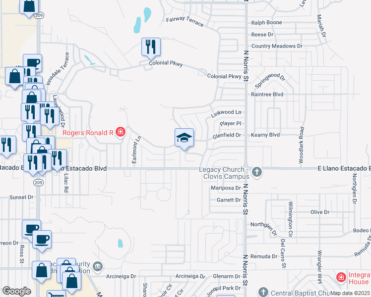 map of restaurants, bars, coffee shops, grocery stores, and more near 5 Paseo Village in Clovis