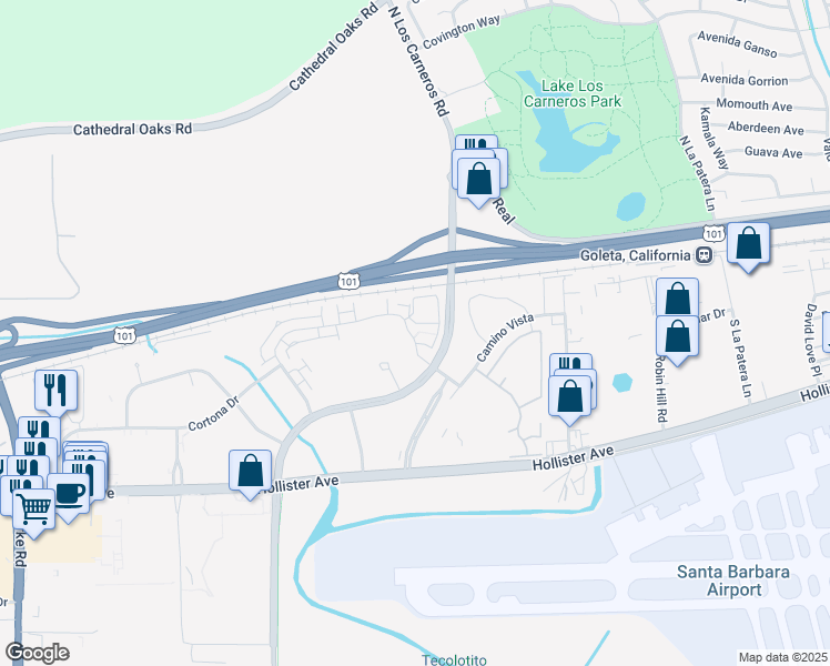 map of restaurants, bars, coffee shops, grocery stores, and more near 6505 Sea Star Court in Goleta