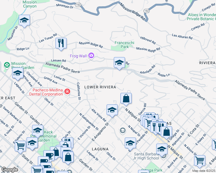 map of restaurants, bars, coffee shops, grocery stores, and more near 814 Largura Place in Santa Barbara