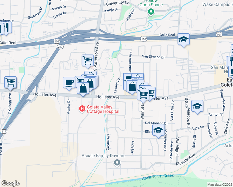 map of restaurants, bars, coffee shops, grocery stores, and more near 196 Lassen Drive in Santa Barbara