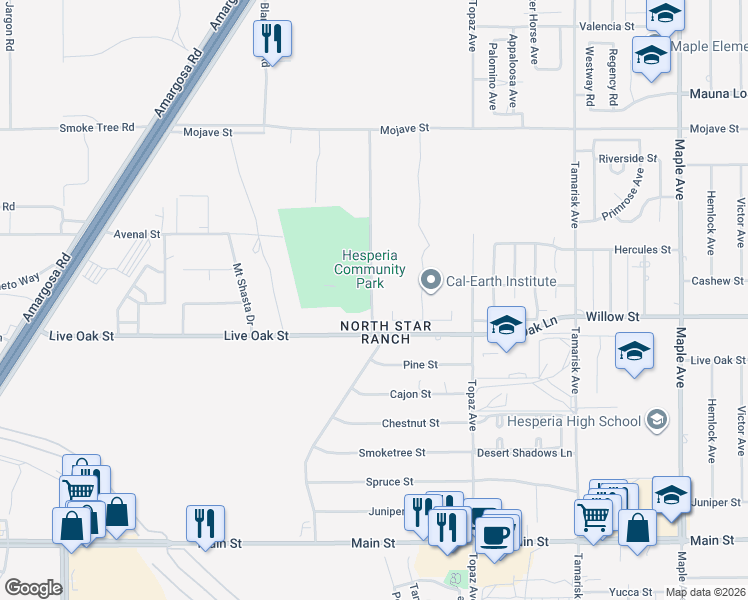 map of restaurants, bars, coffee shops, grocery stores, and more near 10177 Datura Road in Hesperia