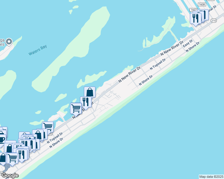 map of restaurants, bars, coffee shops, grocery stores, and more near 204A Mandalay Court in Surf City