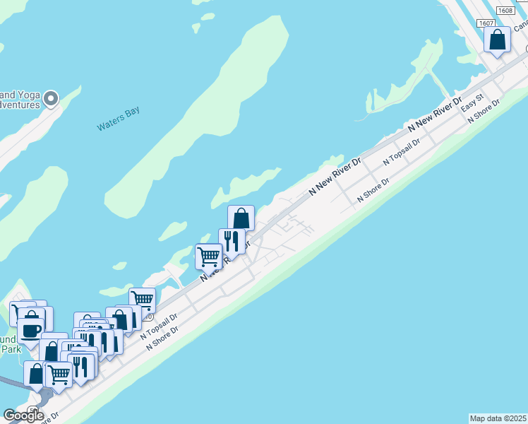 map of restaurants, bars, coffee shops, grocery stores, and more near 11 North New River Drive in Holly Ridge