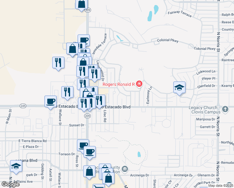 map of restaurants, bars, coffee shops, grocery stores, and more near 3517 Adenmor Court in Clovis