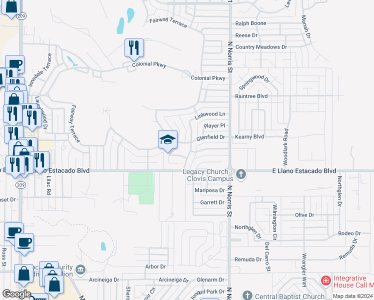 map of restaurants, bars, coffee shops, grocery stores, and more near 39 Paseo Village in Clovis
