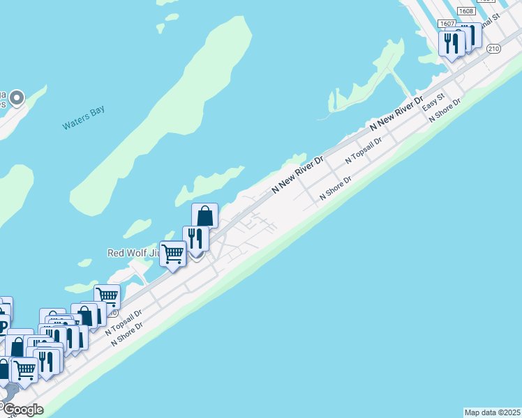 map of restaurants, bars, coffee shops, grocery stores, and more near 918-531 North New River Drive in Holly Ridge