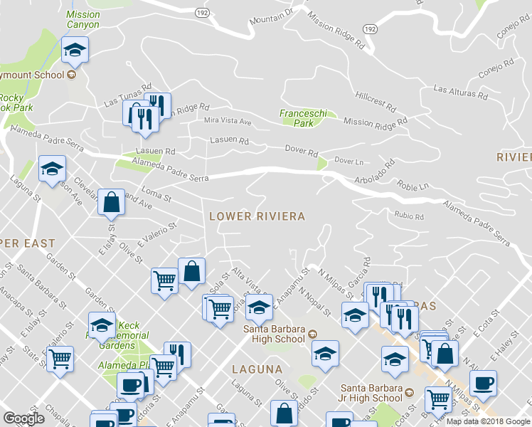 map of restaurants, bars, coffee shops, grocery stores, and more near 814 Largura Place in Santa Barbara