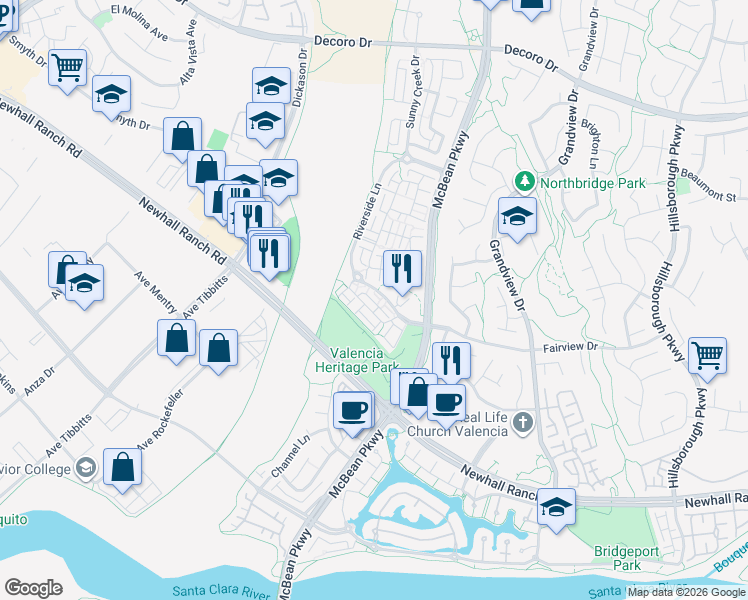 map of restaurants, bars, coffee shops, grocery stores, and more near 24115 Fairview Drive in Santa Clarita