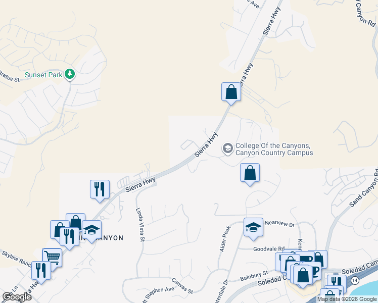 map of restaurants, bars, coffee shops, grocery stores, and more near 17217 Sierra Highway in Santa Clarita