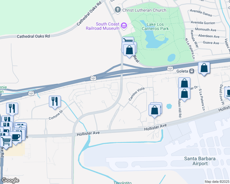 map of restaurants, bars, coffee shops, grocery stores, and more near 6505 Sea Star Court in Goleta