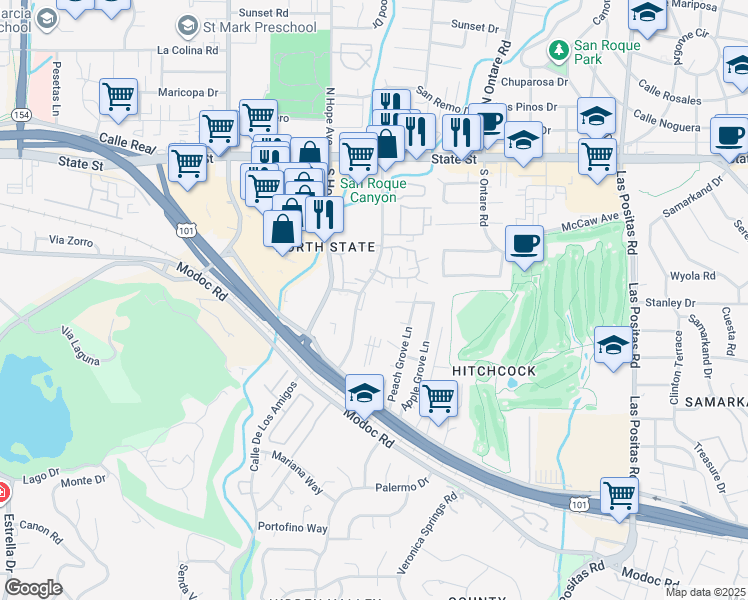map of restaurants, bars, coffee shops, grocery stores, and more near 317 Hitchcock Way in Santa Barbara