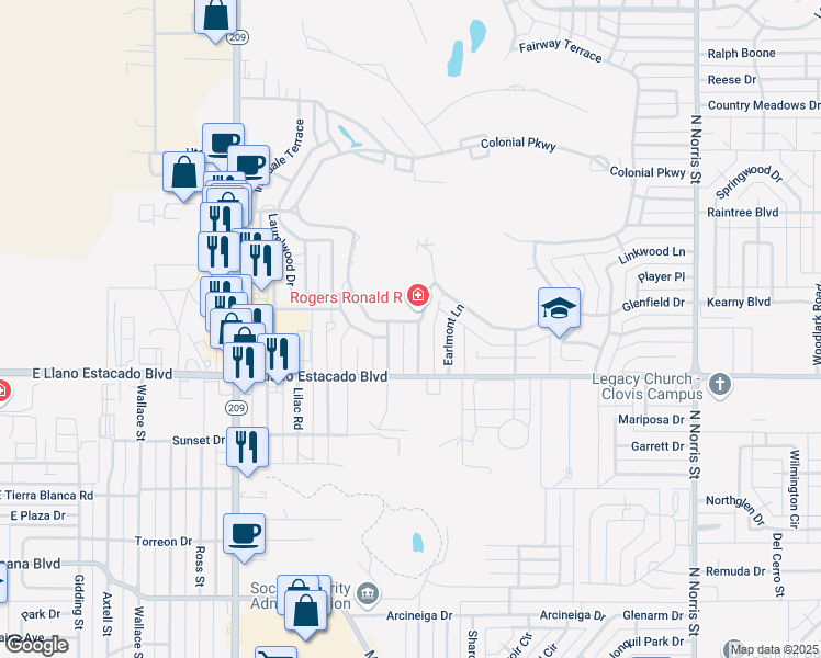 map of restaurants, bars, coffee shops, grocery stores, and more near 1221 Fairway Terrace in Clovis