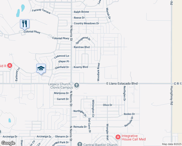 map of restaurants, bars, coffee shops, grocery stores, and more near 2412 East Llano Estacado Boulevard in Clovis