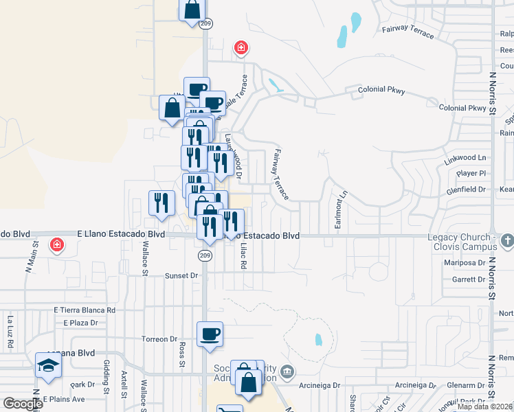 map of restaurants, bars, coffee shops, grocery stores, and more near 3522 Adenmor Court in Clovis