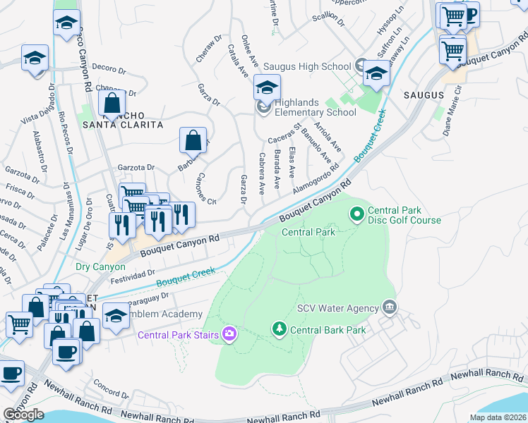 map of restaurants, bars, coffee shops, grocery stores, and more near 22104 Alamogordo Road in Santa Clarita